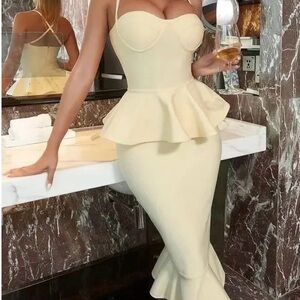 PrettyLittleThings Elegant Cream Strappy Peplum Frill Hem Bandage Midi Dress